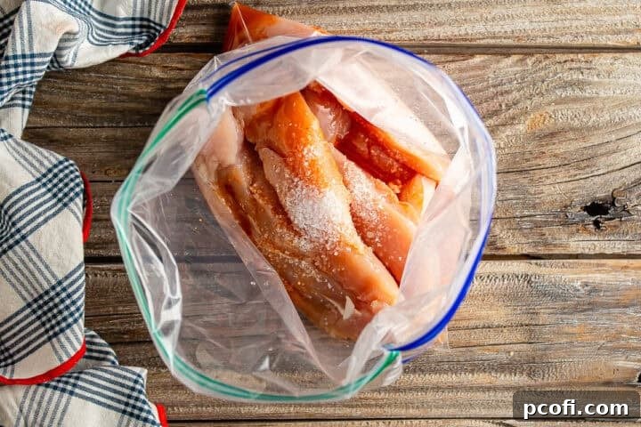 Fresh chicken tenderloins neatly arranged in a zip-top bag, ready for the brine.