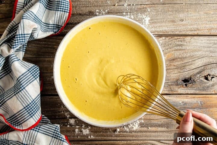 Vigorously whisking together the batter ingredients, aiming for a smooth, thin pancake-like consistency.