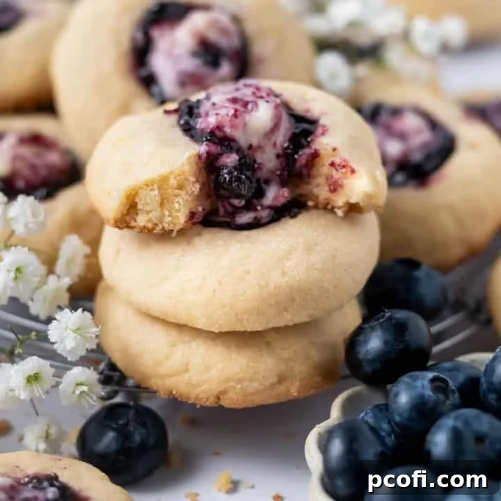 A stack of golden-baked blueberry and cream cookies, with a top cookie missing a bite to reveal its vibrant blueberry cheesecake filling