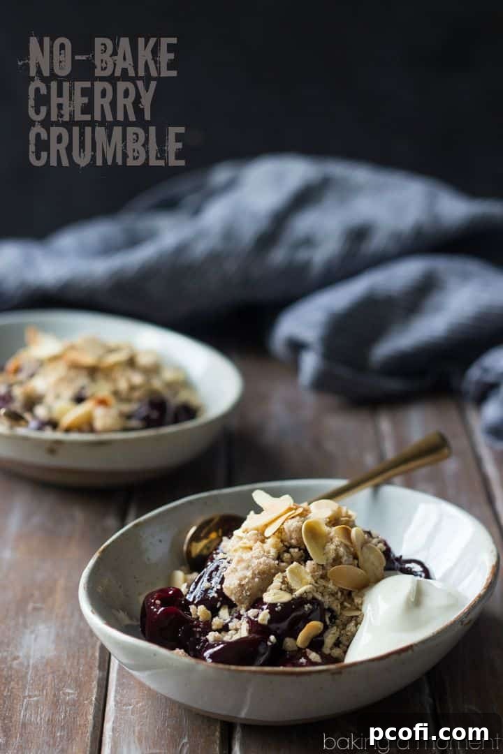 Close-up shot of the rich cherry compote, showing its luscious texture before being topped with streusel and yogurt.