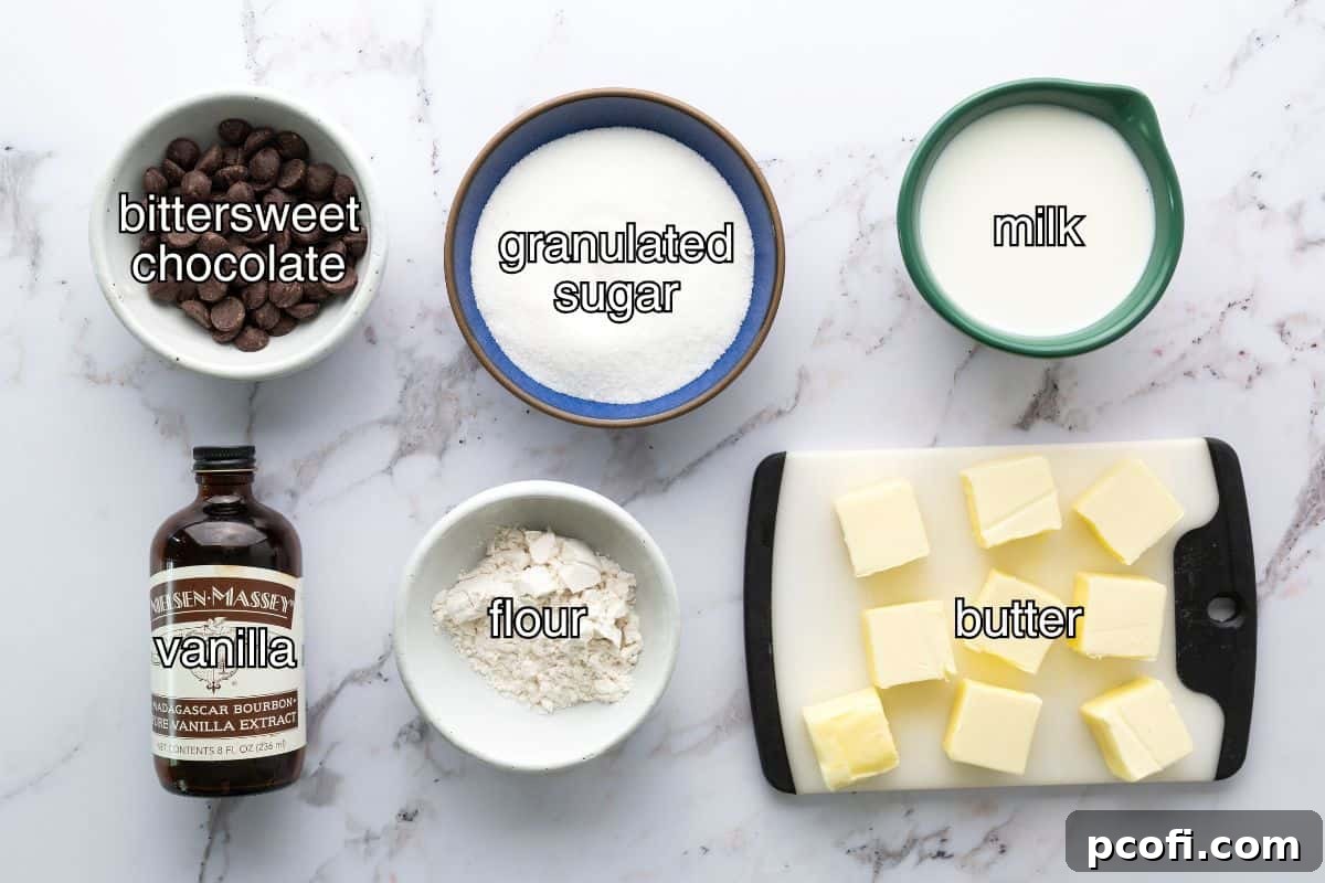 Key ingredients for Chocolate Ermine Frosting laid out: bittersweet chocolate chips, granulated sugar, all-purpose flour, whole milk, unsalted butter, and pure vanilla extract.