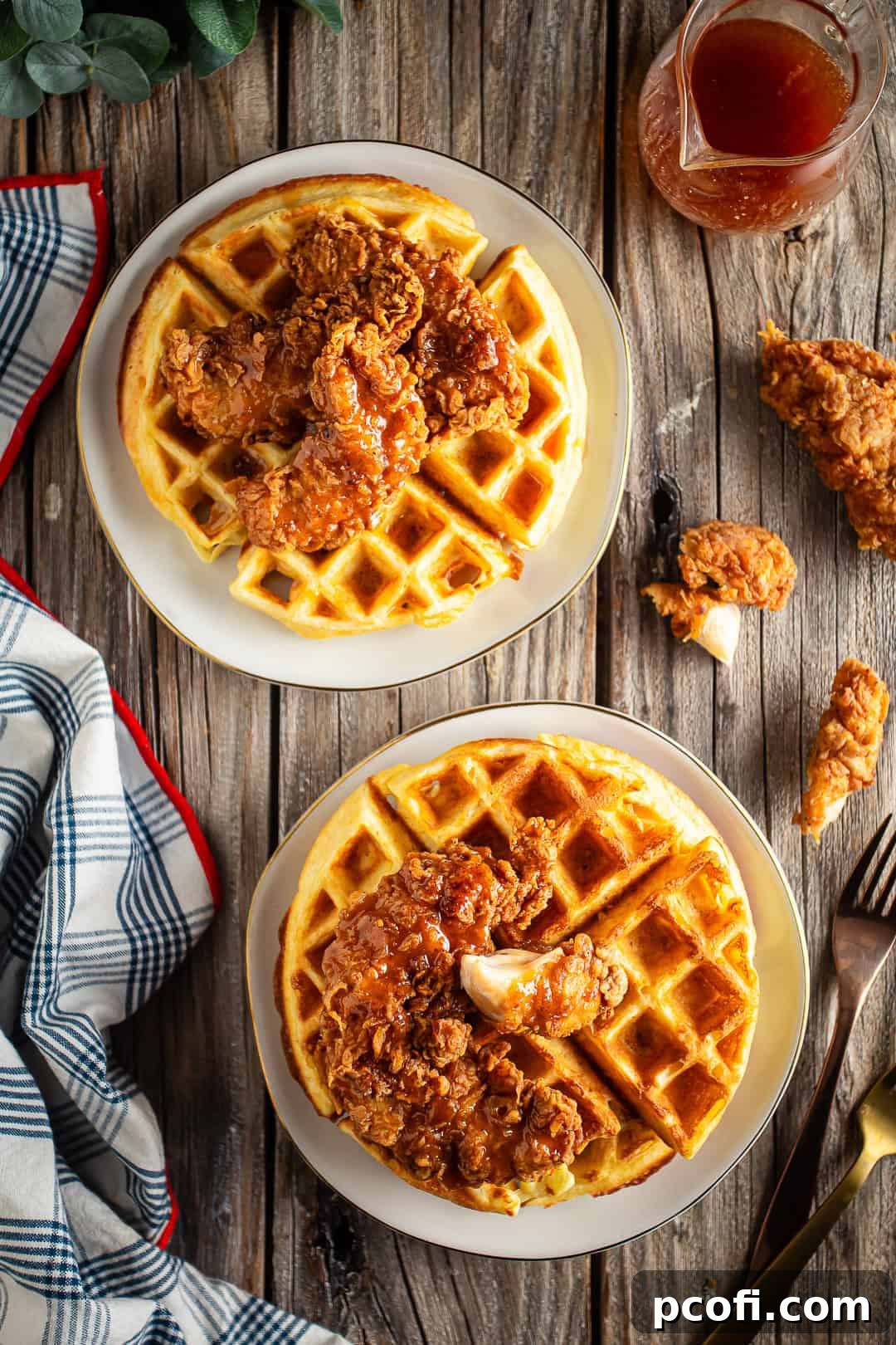 Golden crispy chicken and fluffy waffles on a rustic wooden background, drizzled with spicy honey butter.