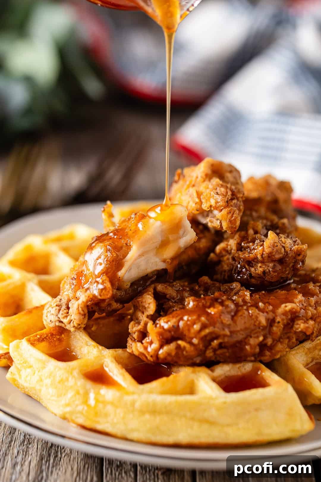A hand drizzling hot honey butter over a plate of chicken and waffles, making the dish even more appealing.