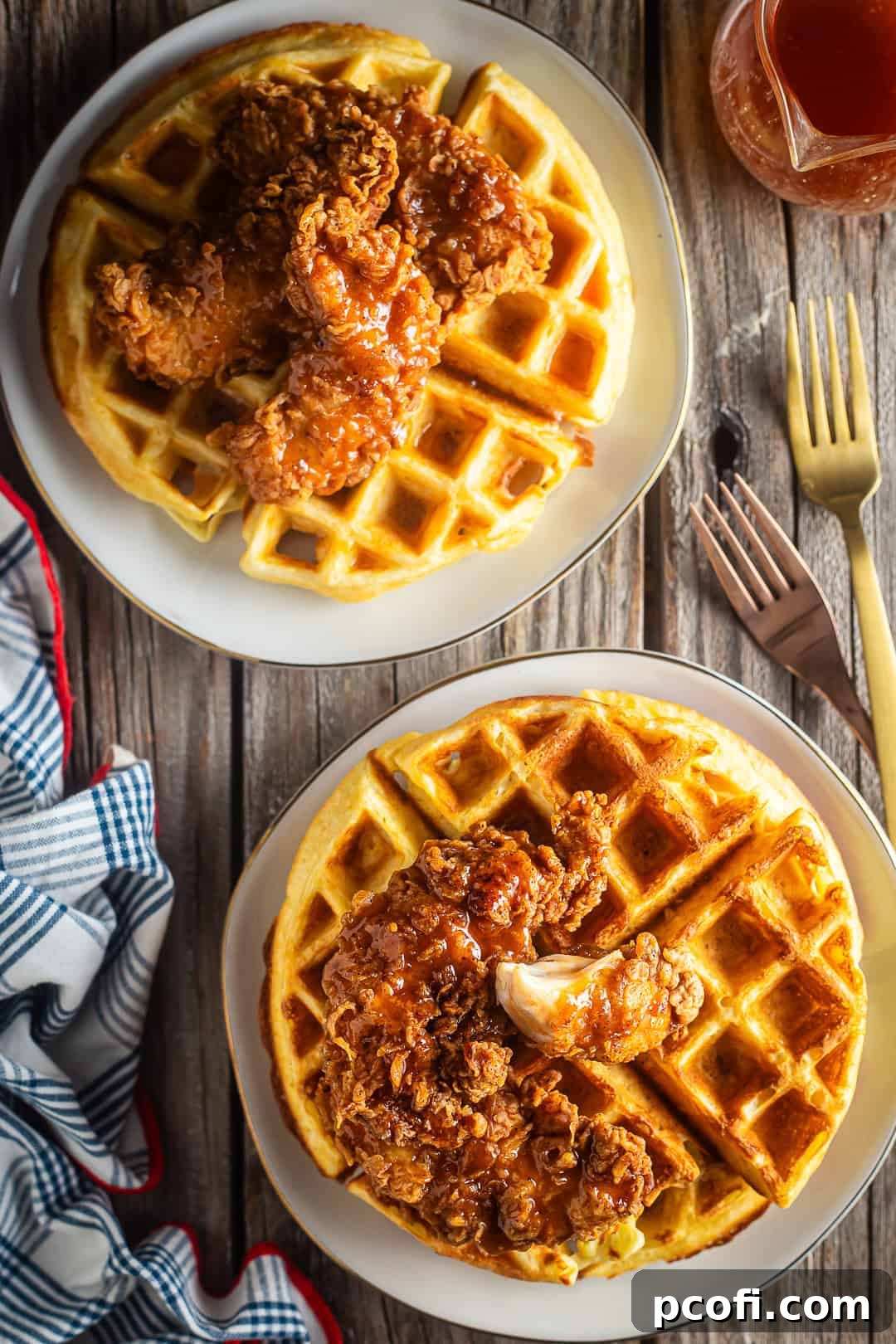 A perfectly plated chicken and waffles dish on a rustic wooden plate, ready to be enjoyed with forks.