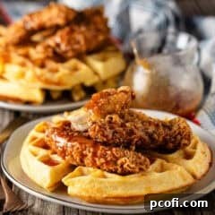 Chicken and waffles, prepared and elegantly presented on gold-rimmed plates with spicy honey butter.