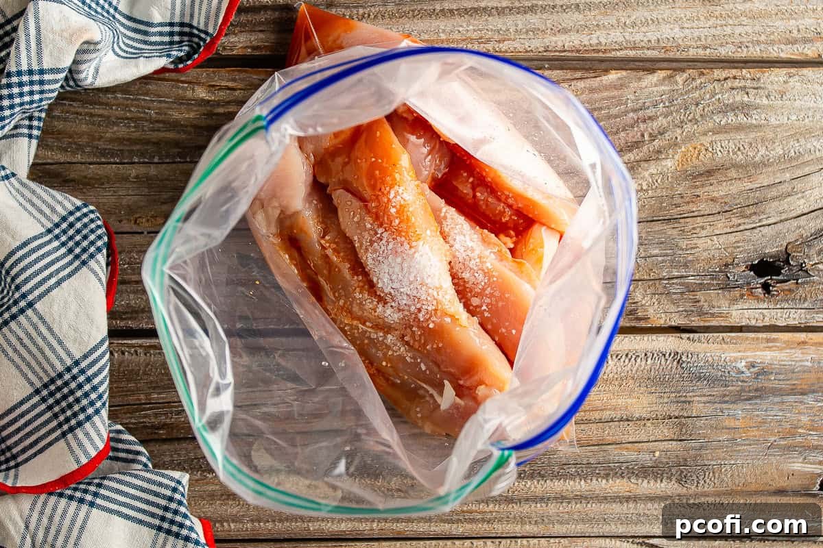 Chicken tenderloins being placed into a resealable bag with brine ingredients like hot sauce, water, and salt.