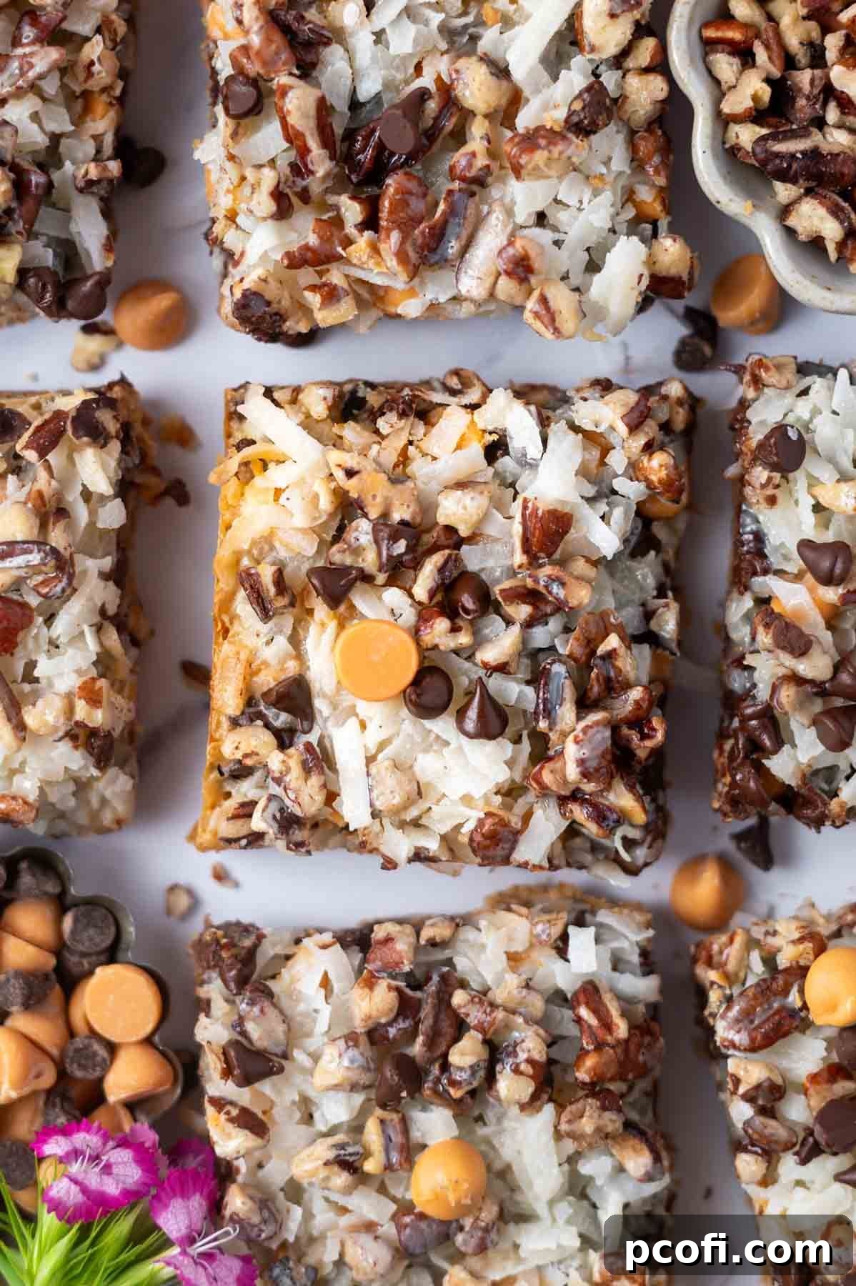 dessert bars with coconut, pecans, butterscotch chips and mini chocolate chips