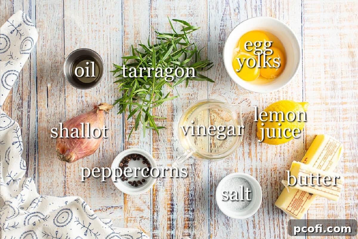 Ingredients for Homemade Béarnaise Sauce including shallots, tarragon, peppercorns, vinegar, egg yolks, lemon, salt, and butter.
