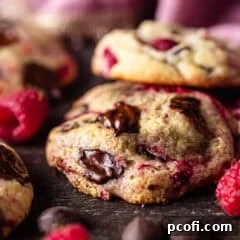 Raspberry chocolate chip cookies stacked together with chocolate chips and raspberries around them.