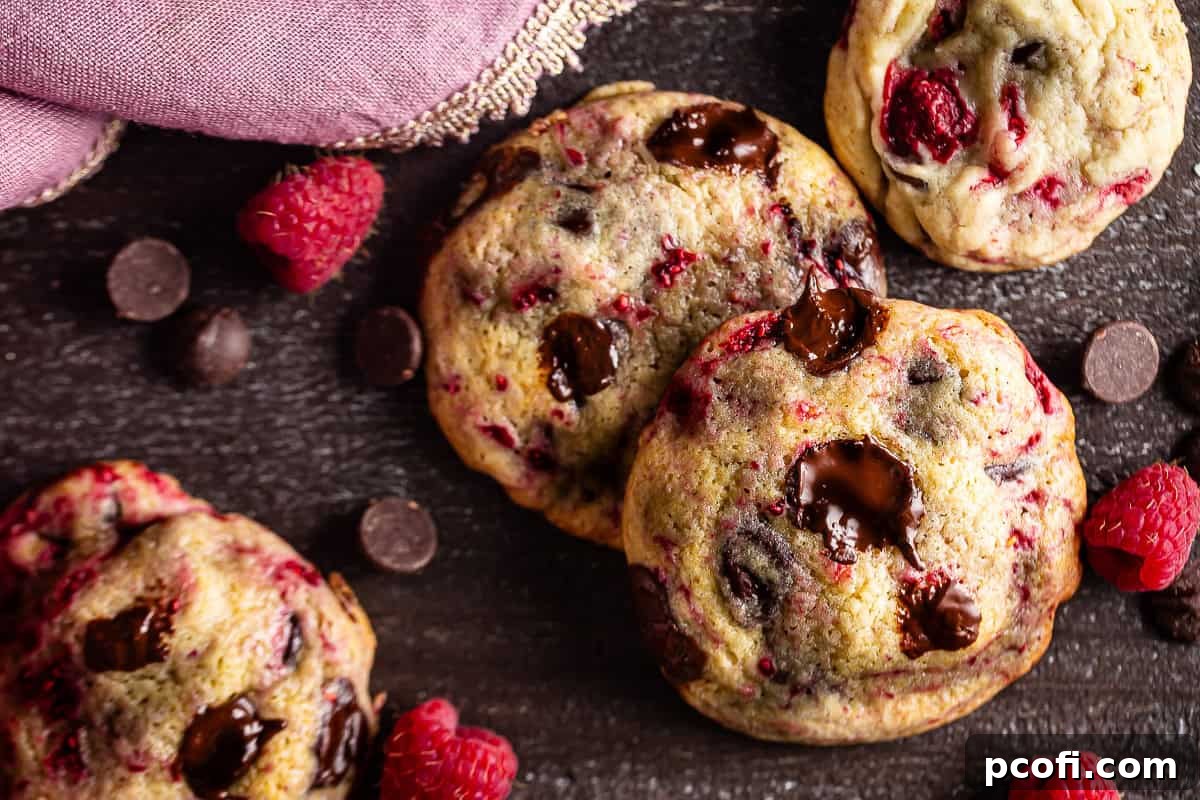 Baked Raspberry Chocolate Chip Cookies with fresh berries pictured.