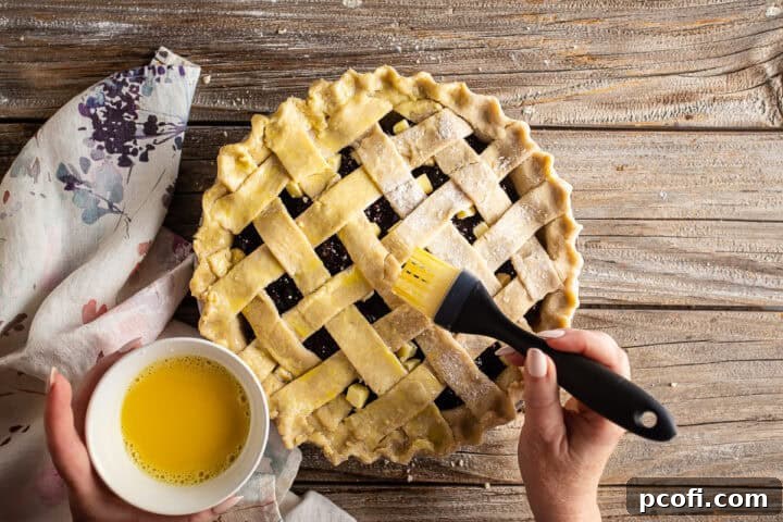 Blackberry pie with a lattice top before being baked pictured being brushed with an egg wash.