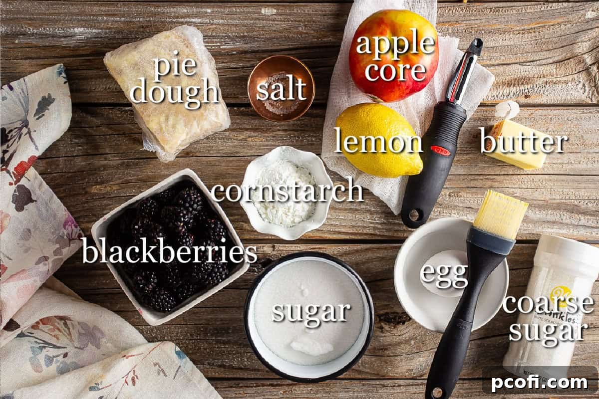 Ingredients for Blackberry Pie on a wooden background in separate containers.