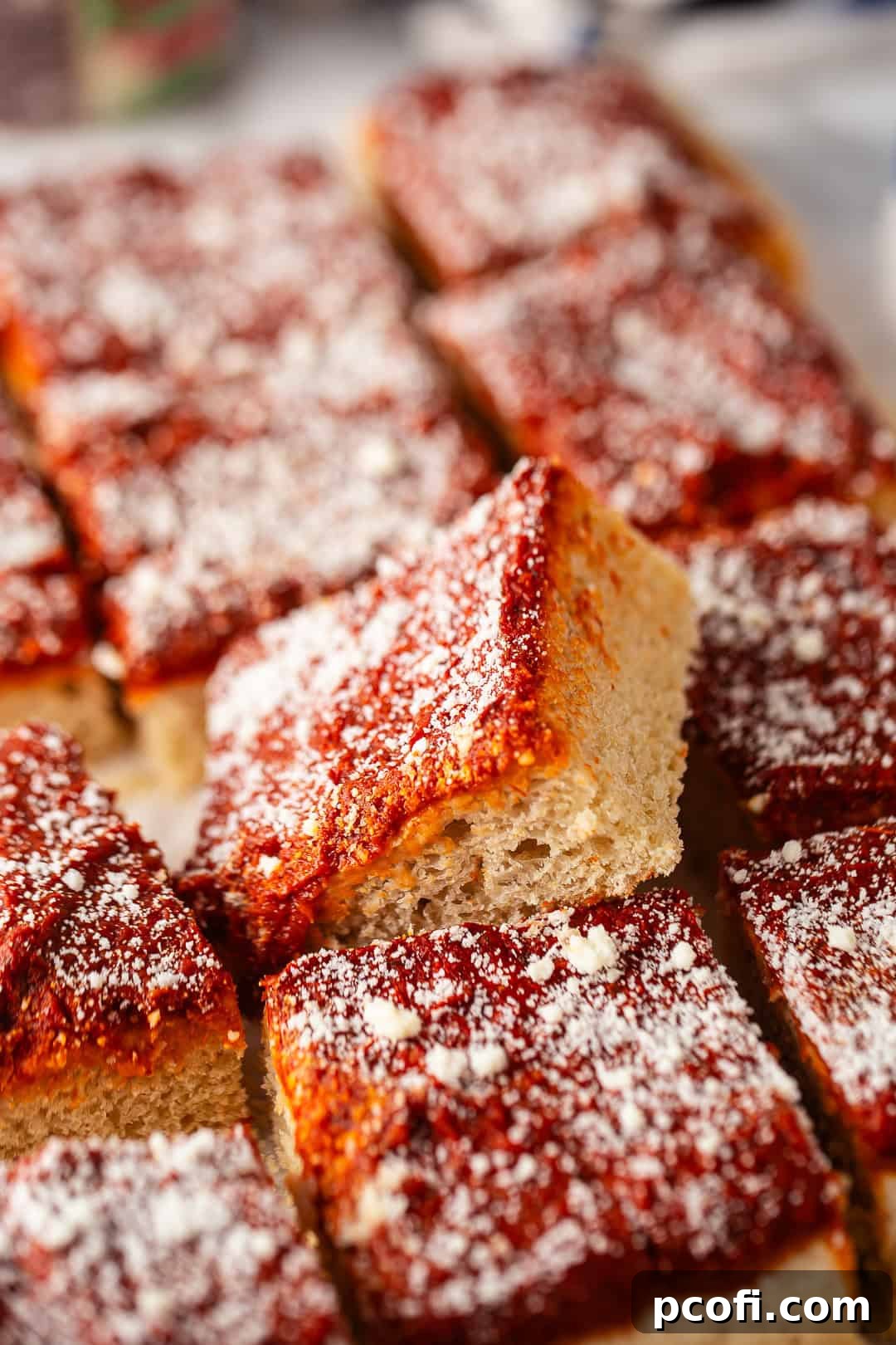 A close up of a traditional Philadelphia tomato pie with a thick layer of red sauce and a sprinkle of white cheese on a golden crust.