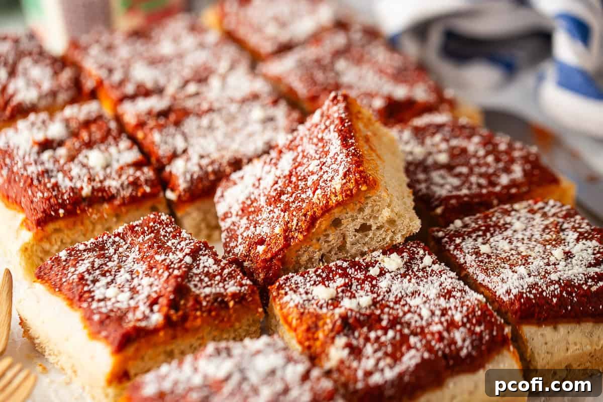 Philadelphia Tomato Pie Pizza cut into slices, showing the thick crust and rich red sauce.