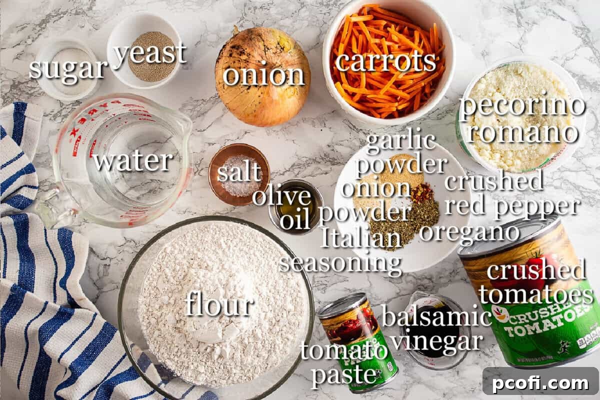 Ingredients for Philadelphia Tomato Pizza Pie in separate containers, including flour, olive oil, canned tomatoes, and spices.