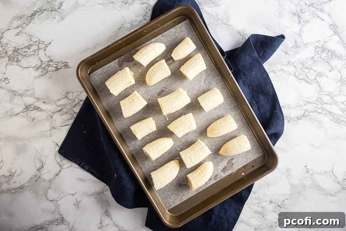Bananas on a sheet pan before being frozen. 