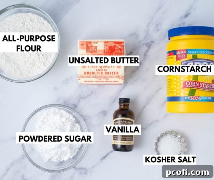 A curated display of the simple yet essential ingredients needed to bake exquisite melting moments cookies, artfully arranged for clarity and inspiration.