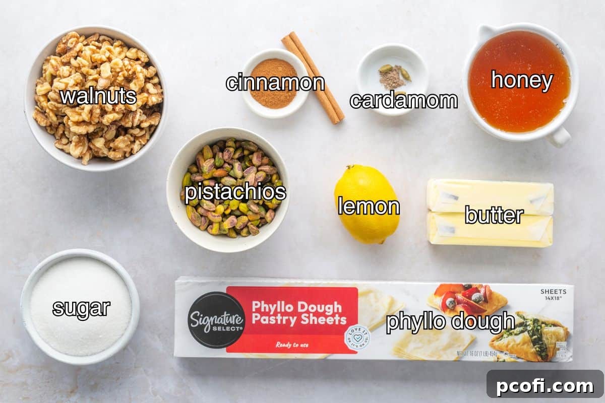 A collection of baklava ingredients arranged in separate containers on a pristine white background, showcasing nuts, spices, honey, and lemon.