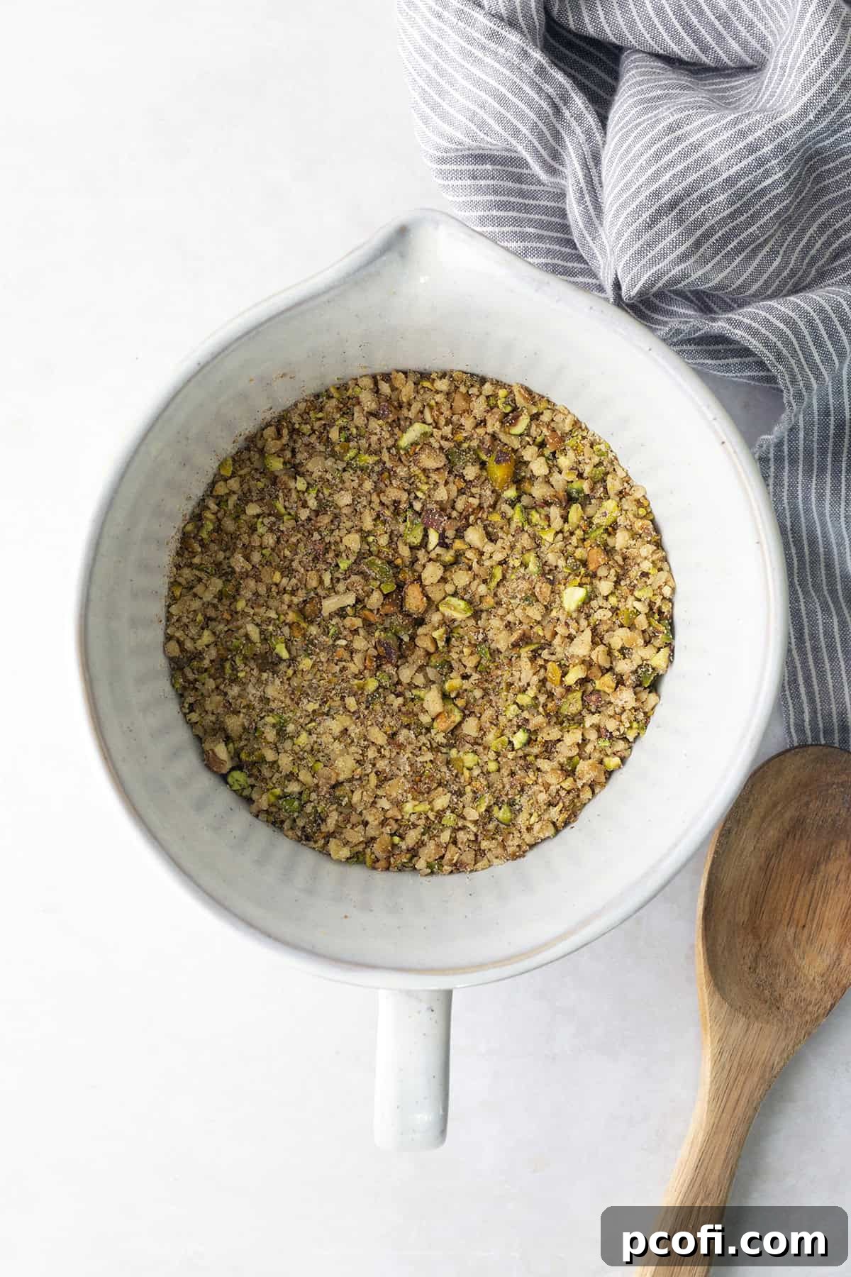Chopped nuts mixed with sugar and spices in a white bowl, showing the even blend of ingredients.