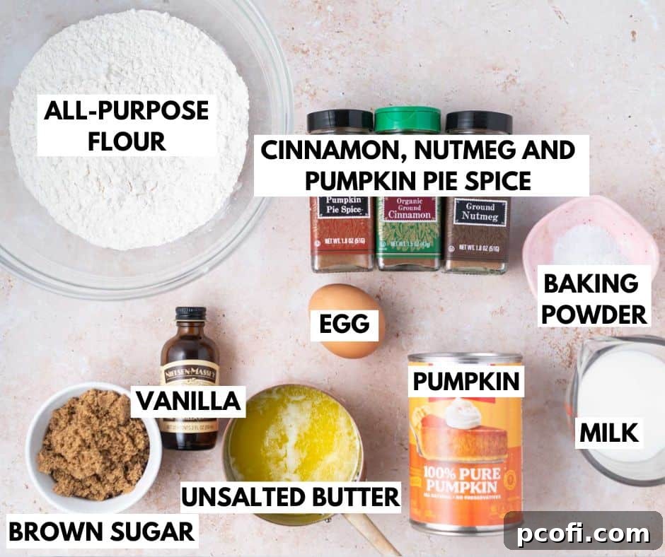 A curated selection of fresh ingredients neatly arranged for baking delicious pumpkin donuts.