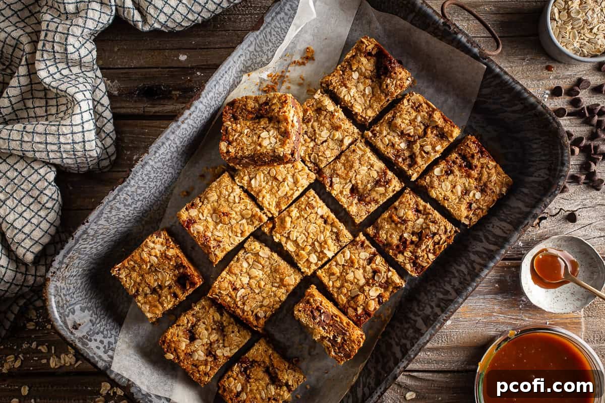 Oatmeal Carmelitas after being baked, cooled, and sliced.