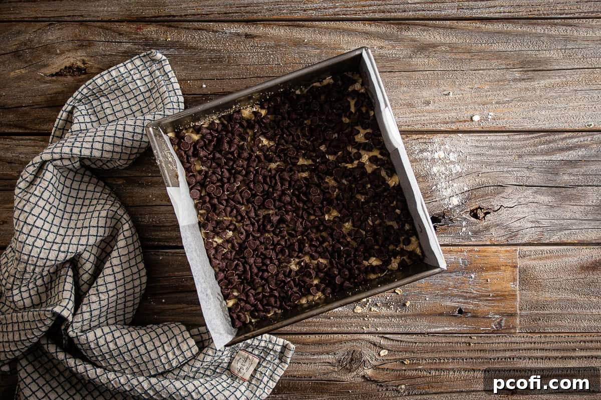 Oatmeal Carmelitas with chocolate chips on top of the crumb layer.