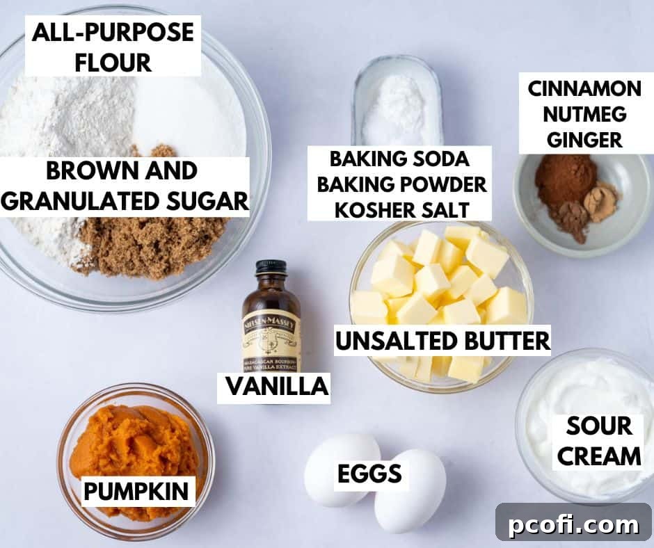 A vibrant flat lay image showcasing all the necessary ingredients for baking a pumpkin layer cake, including flour, sugars, spices, eggs, butter, pumpkin puree, and sour cream, neatly arranged on a rustic background.