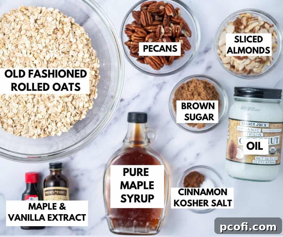 A flat lay of ingredients for maple granola including rolled oats, pecans, sliced almonds, maple syrup, brown sugar, cinnamon, and oil.