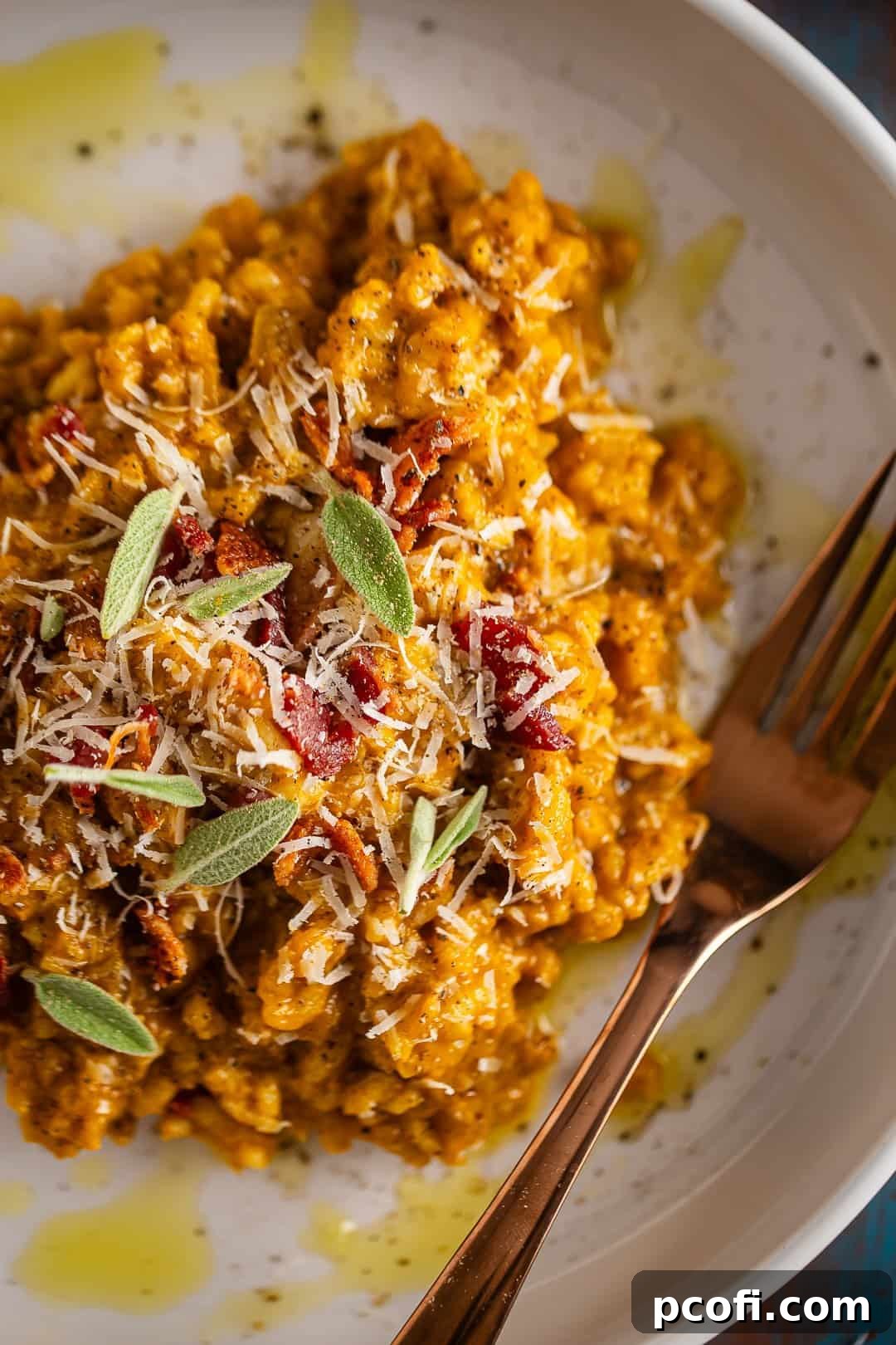 A close-up of creamy Pumpkin Risotto, garnished with a fork and crispy fried sage leaves, inviting a taste of autumn.