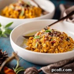A delicious bowl of creamy Pumpkin Risotto, ready to be enjoyed as a hearty fall meal.
