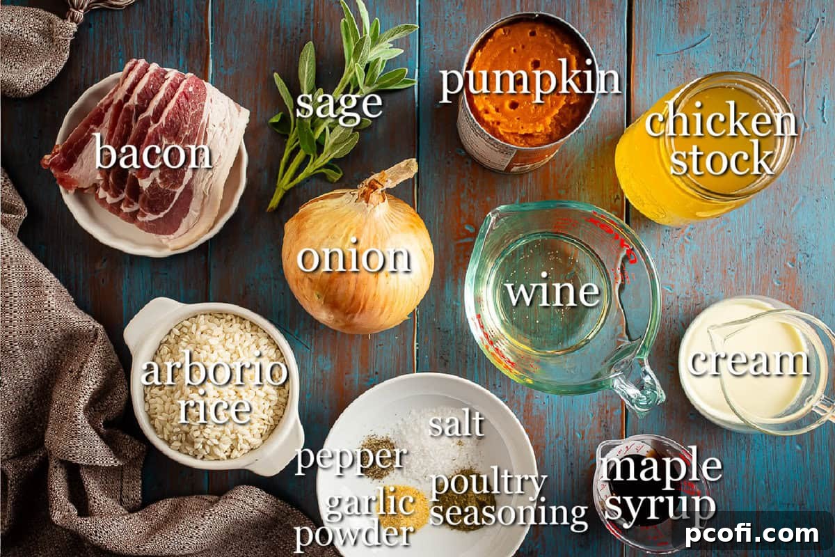 A carefully arranged collection of fresh ingredients for Pumpkin Risotto on a rustic wooden background, highlighting freshness.