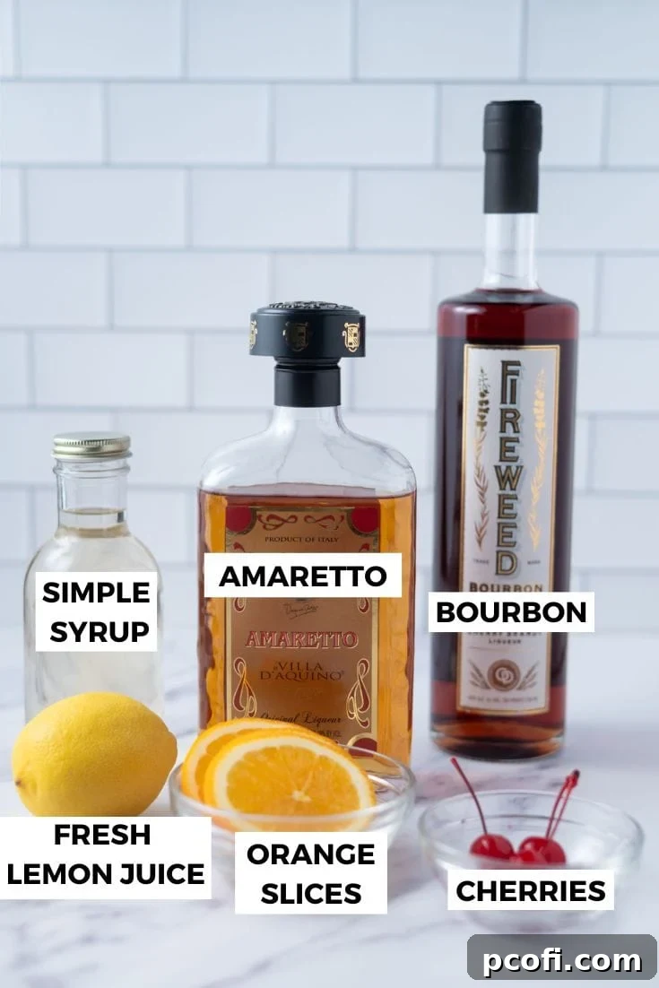 Fresh ingredients for an Amaretto Sour cocktail: amaretto, bourbon, lemons, and simple syrup bottles arranged on a surface