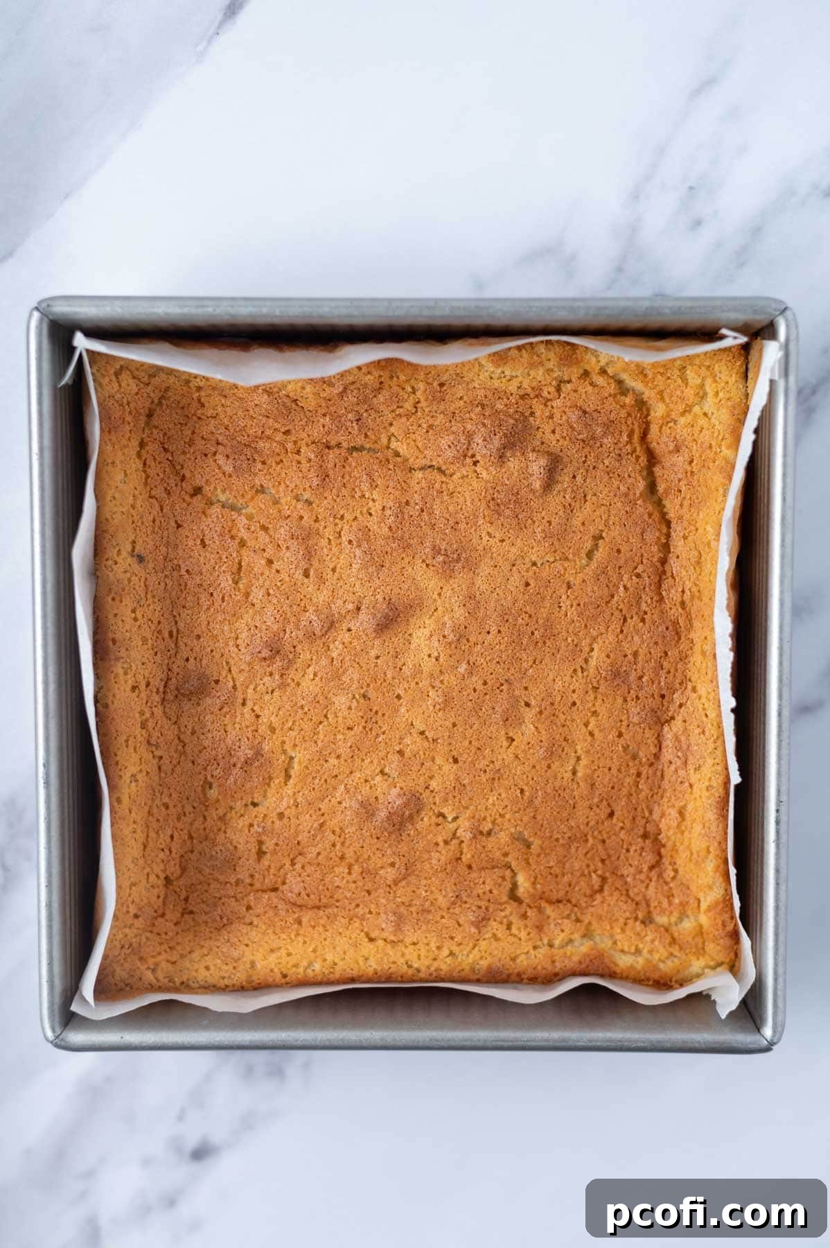 Freshly baked magic custard cake in a parchment-lined baking pan, showing its golden brown top