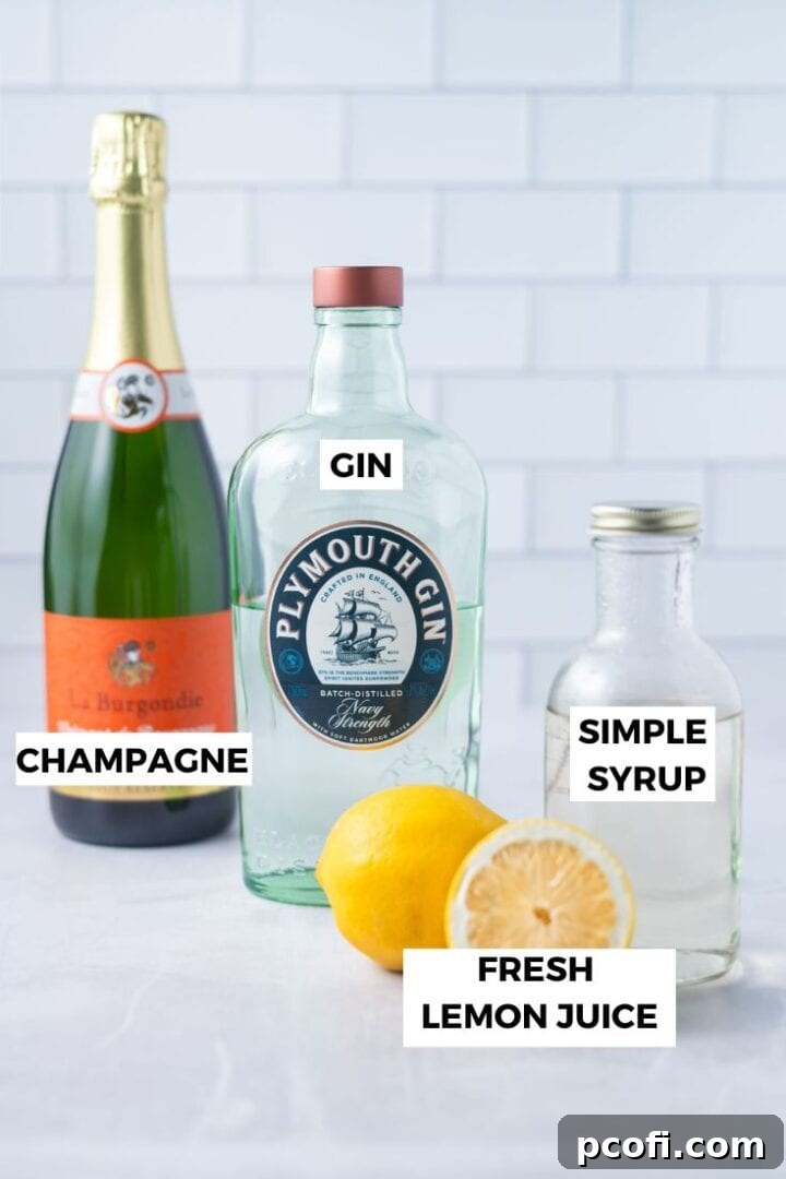 Ingredients for French 75 cocktail including fresh lemons, gin bottle, simple syrup, and champagne.