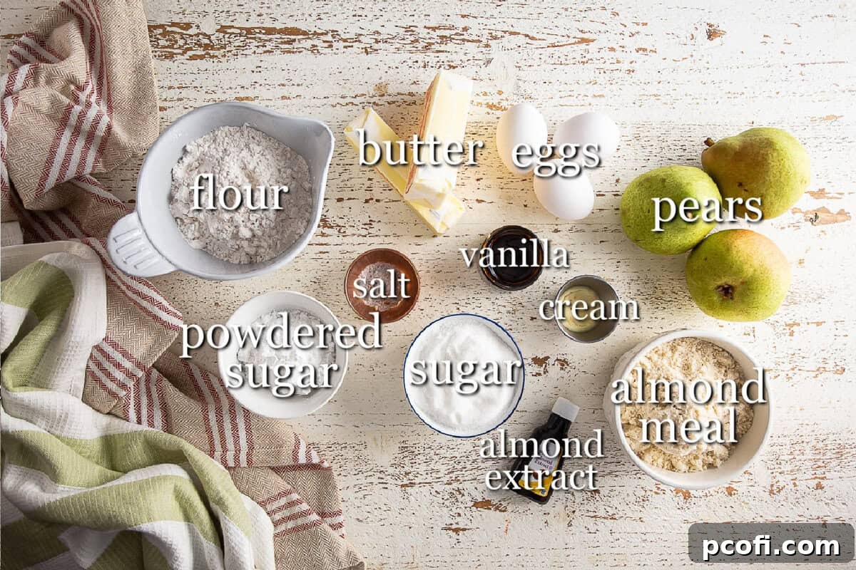 Various pear tart ingredients laid out in separate bowls on a rustic wooden table, ready for baking.