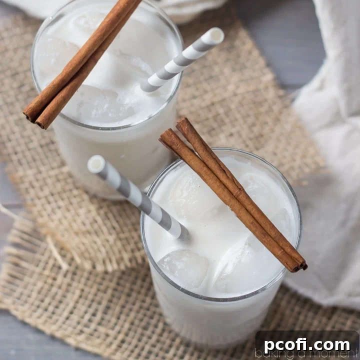 Creamy Coconut Horchata served in a glass with ice, garnished with cinnamon stick and toasted almonds, evoking a rice pudding milkshake