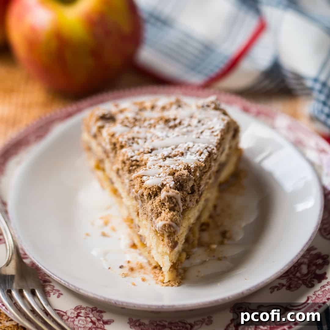 A slice of apple coffee cake on a patterned red plate, with fresh apples in the background.