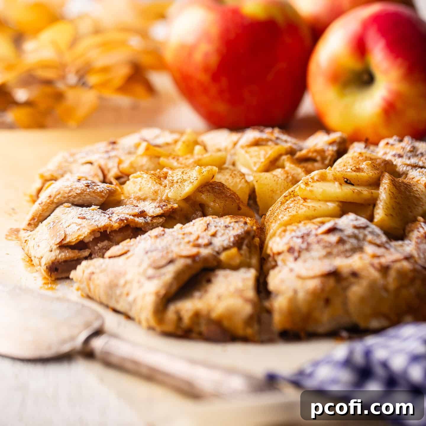 A rustic, freshly baked apple galette, served casually on parchment paper.