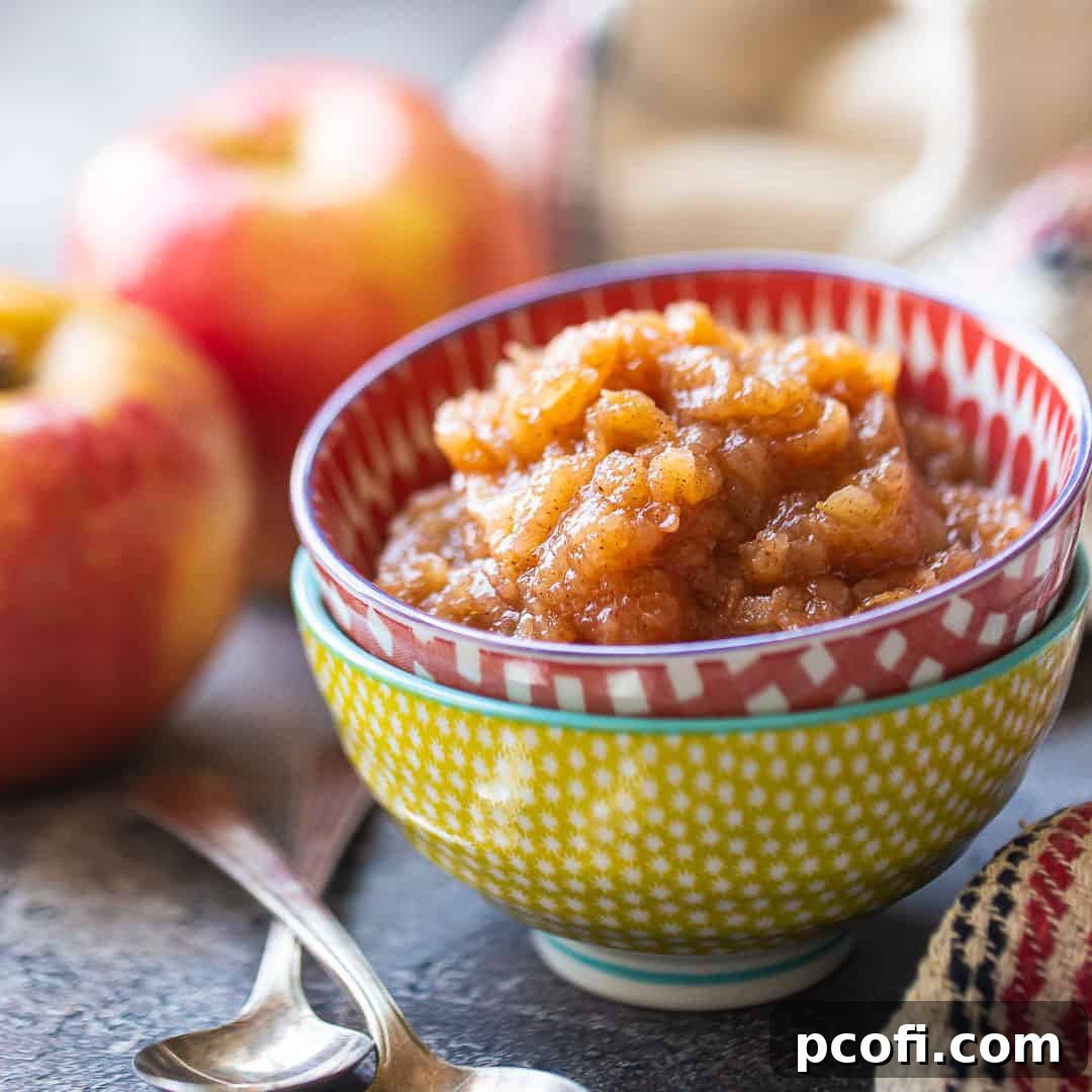 Homemade applesauce served in a colorful bowl, with fresh apples in the background.