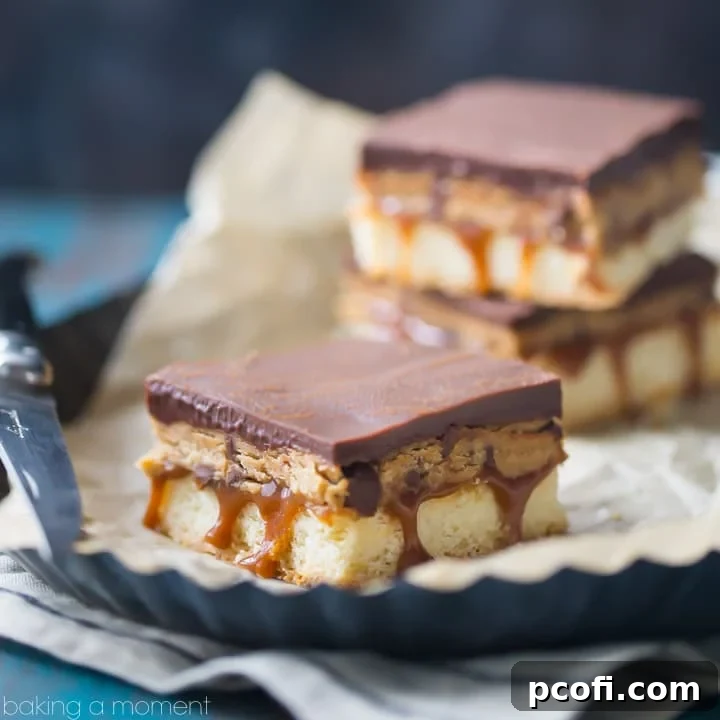 Peanut Butter Cookie Dough Billionaire Bars: an indulgent treat with buttery shortbread, gooey caramel, edible peanut butter chocolate chip cookie dough, and a thick layer of chocolate ganache.