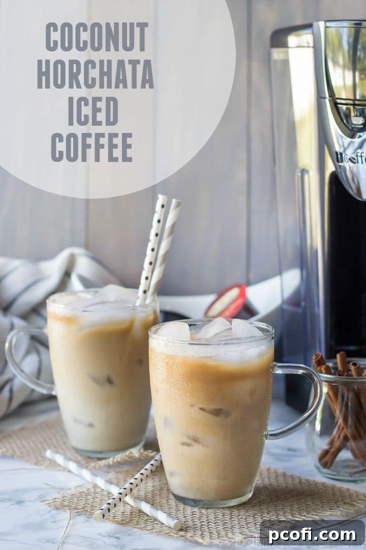 Creamy Coconut Horchata Iced Coffee, a delightful dairy-free summer drink infused with almond and cinnamon notes, offering a perfect caffeine boost.
