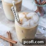 A close-up of Coconut Horchata Iced Coffee, showcasing its appealing texture and rich color.