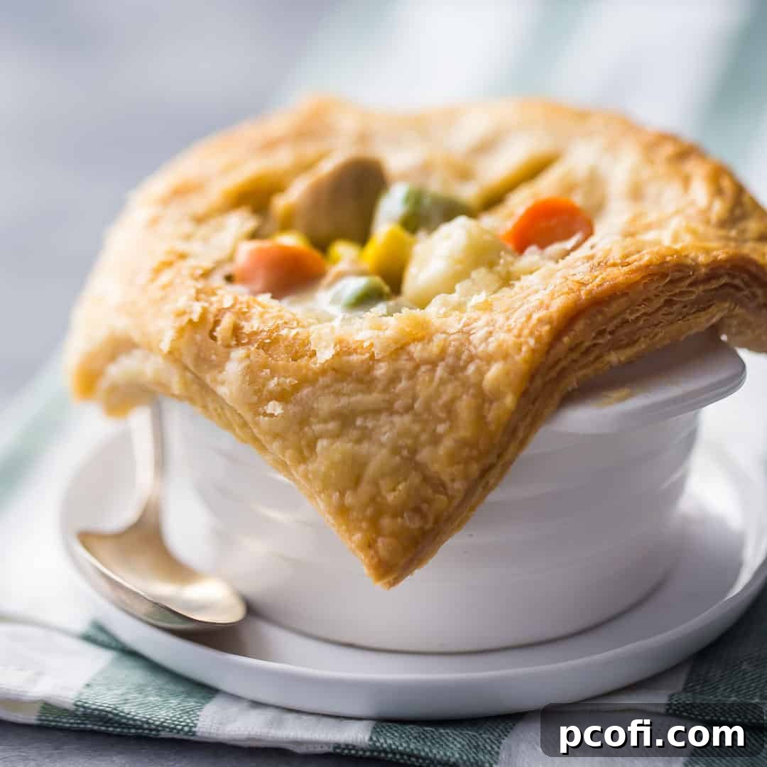 A golden-brown, freshly baked chicken pot pie, showcasing its beautifully flaky and rustic crust, promising a warm and comforting culinary experience.
