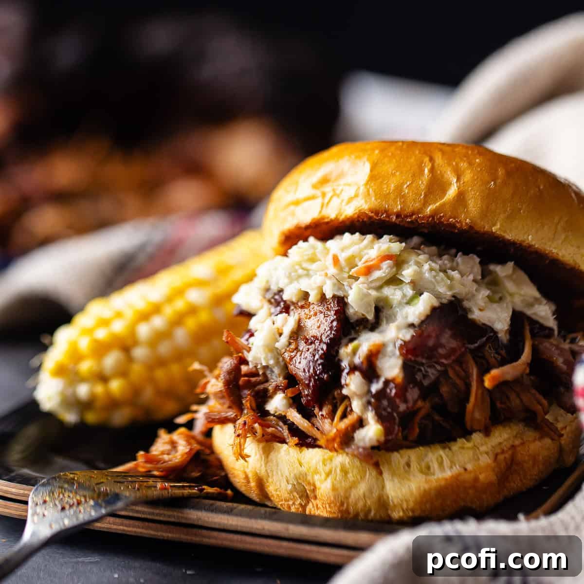 A mouthwatering pulled pork sandwich, showcasing its tender, slow-cooked meat, generously topped with refreshing coleslaw and tangy barbecue sauce, prepared for a classic comfort meal.