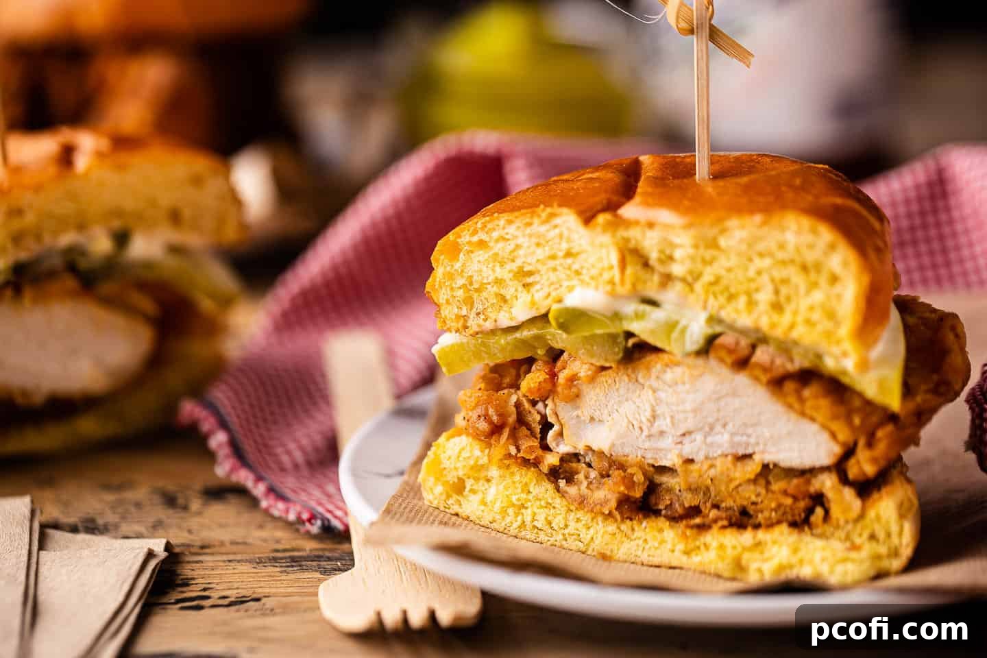 A perfectly prepared fried chicken sandwich, expertly cut in half to showcase its juicy interior and crispy coating, elegantly served on a simple paper napkin for a delightful meal.