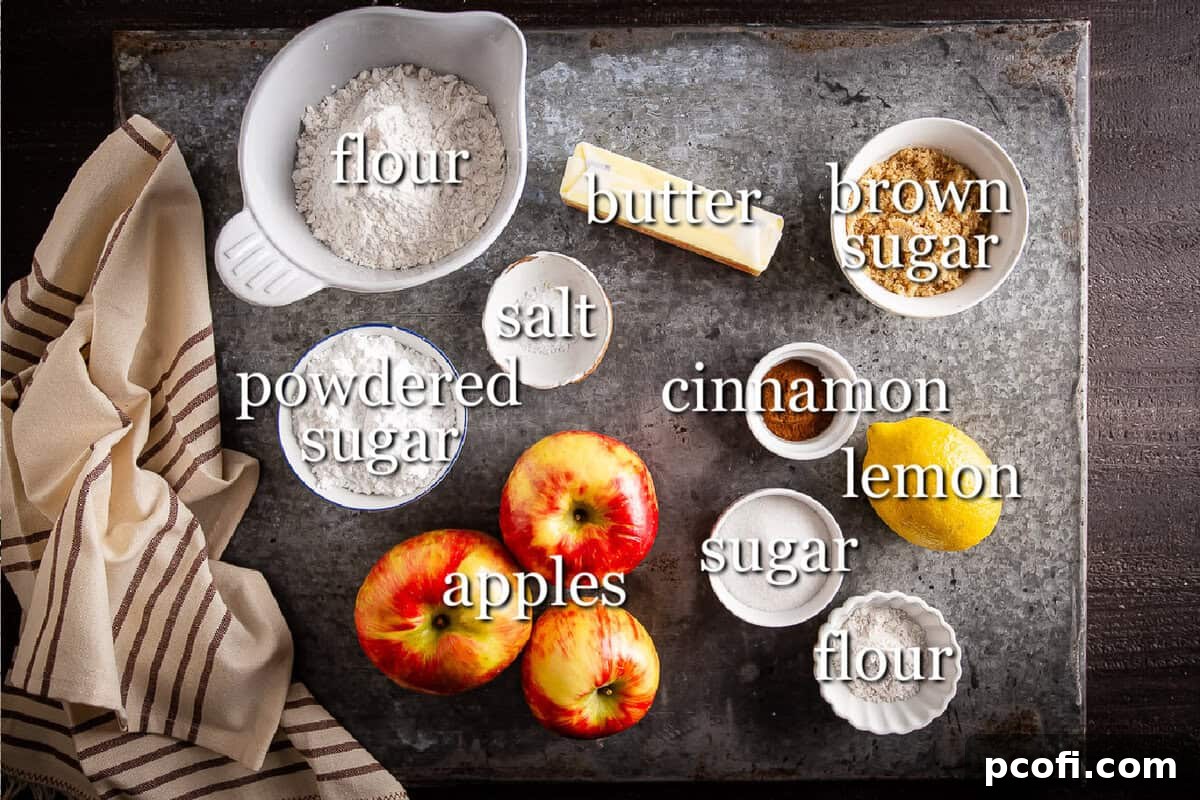 Carefully arranged ingredients for apple pie bars in separate, small containers, showcasing their freshness and quality.