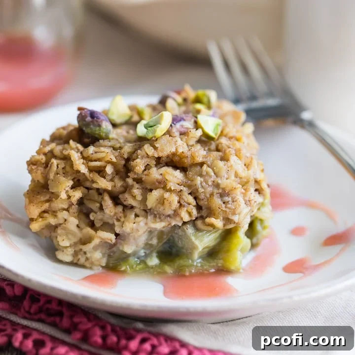 A beautiful image of Rhubarb Pistachio Baked Oatmeal, ideal for a vibrant Spring brunch.