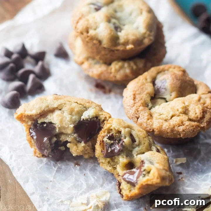 Tender-crisp Oatmeal Chocolate Chip Cookie Cups, perfect for kids or a quick sweet craving, served in a cupcake liner.