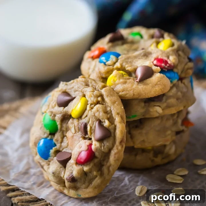 A plate of cheerful Monster Cookies, packed with a variety of colorful and delicious ingredients.