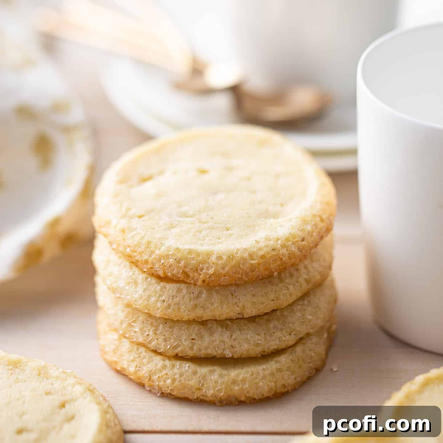 Elegantly stacked butter cookies, perfectly golden with sparkling sugared edges, presented alongside delicate tea cups.